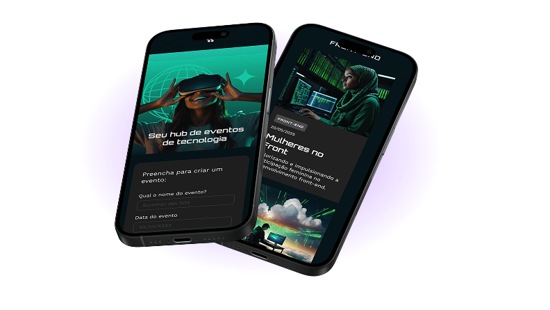 Tela do App do Tecboard em dois celulares pretos sobrepostos, com destaque para o hub de eventos de tecnologia.